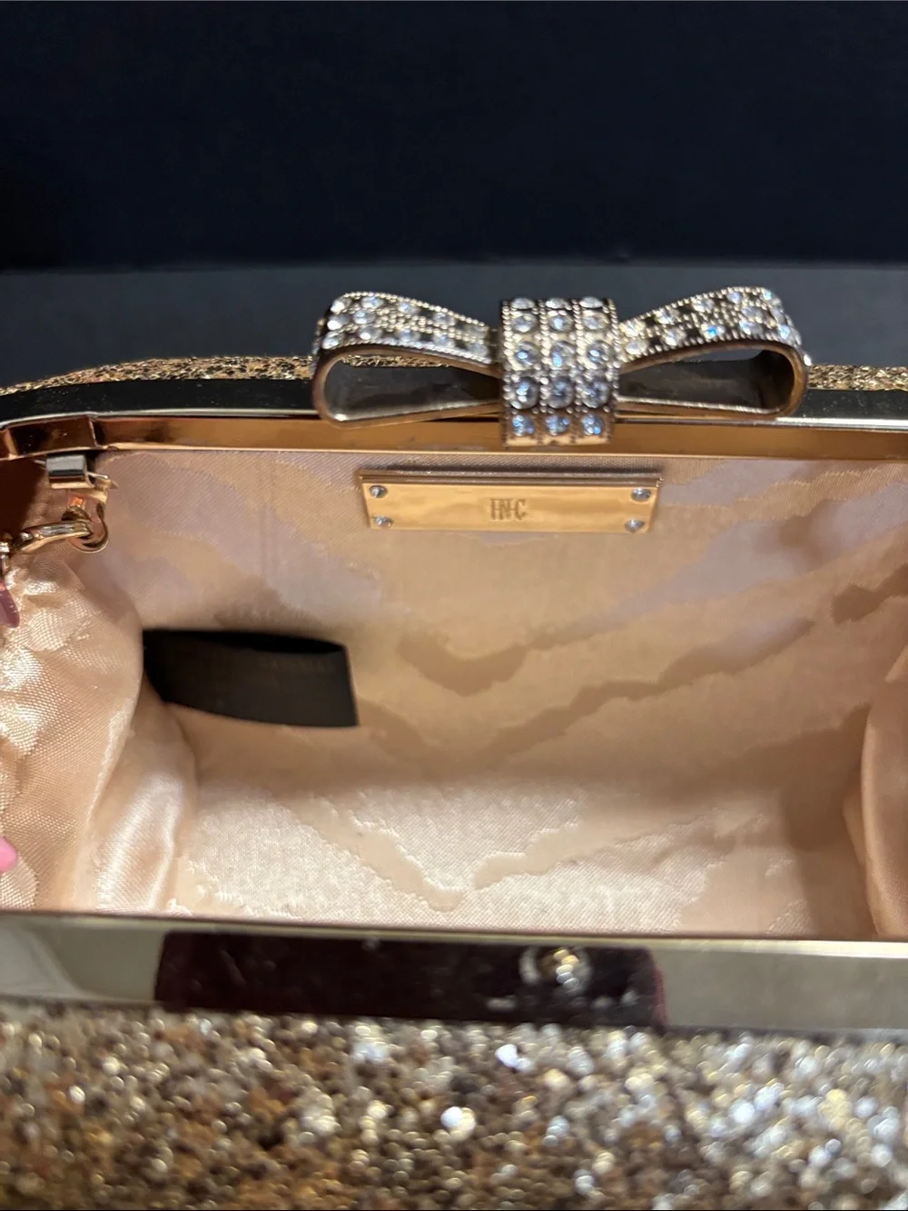 INC International Concepts Gold Glitter Bow Hardcase Clutch